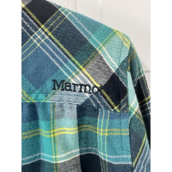 MARMOT Flannel Shirt XL Button Up Turquoise Plaid Cotton Knit Blend Garpcore EUC - Picture 8 of 10
